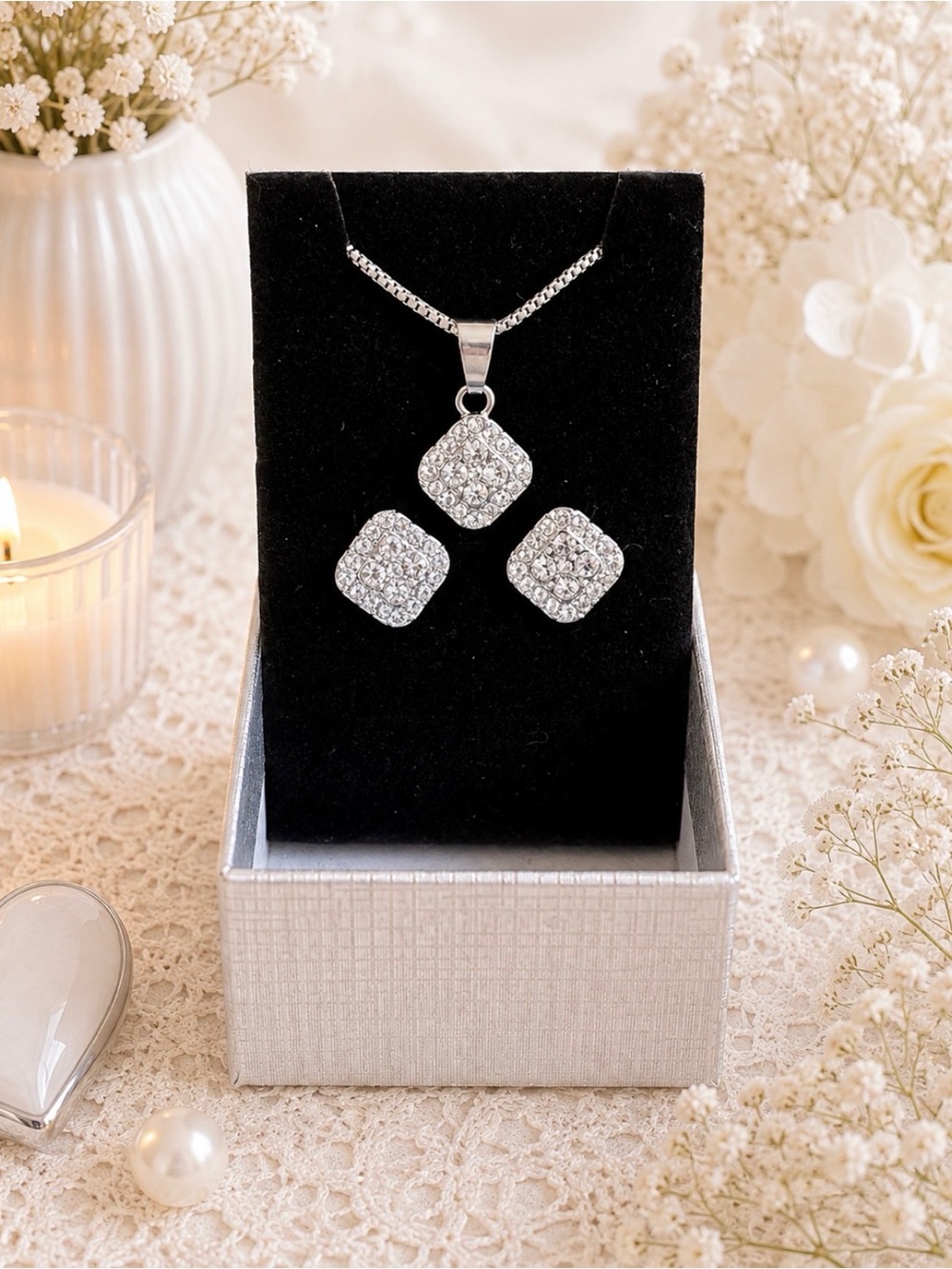 Silver-Tone White Crystal Square Pendant Necklace & Stud Earring Set -NWOT